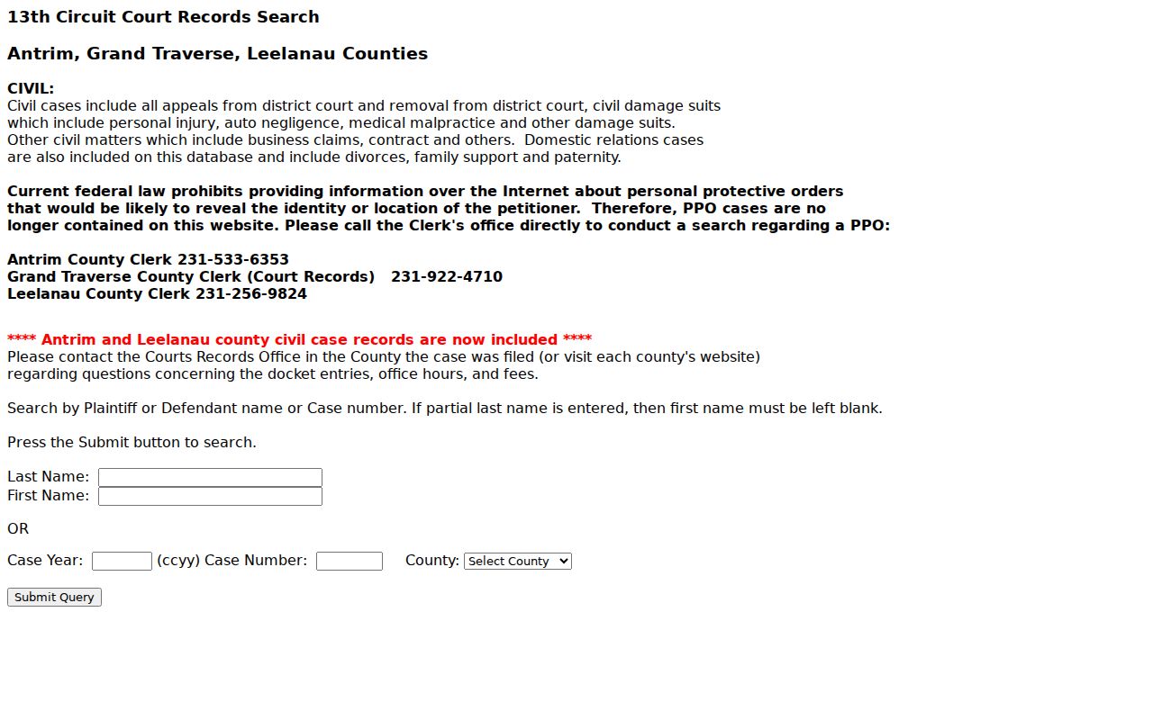 Grand Traverse civil docket search form with Circuit Court county selection