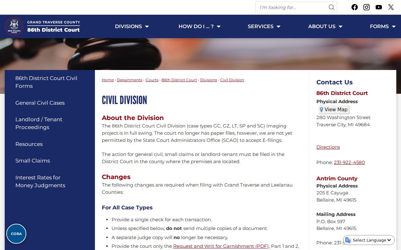 Grand Traverse civil docket guidance from the 86th District Civil Division