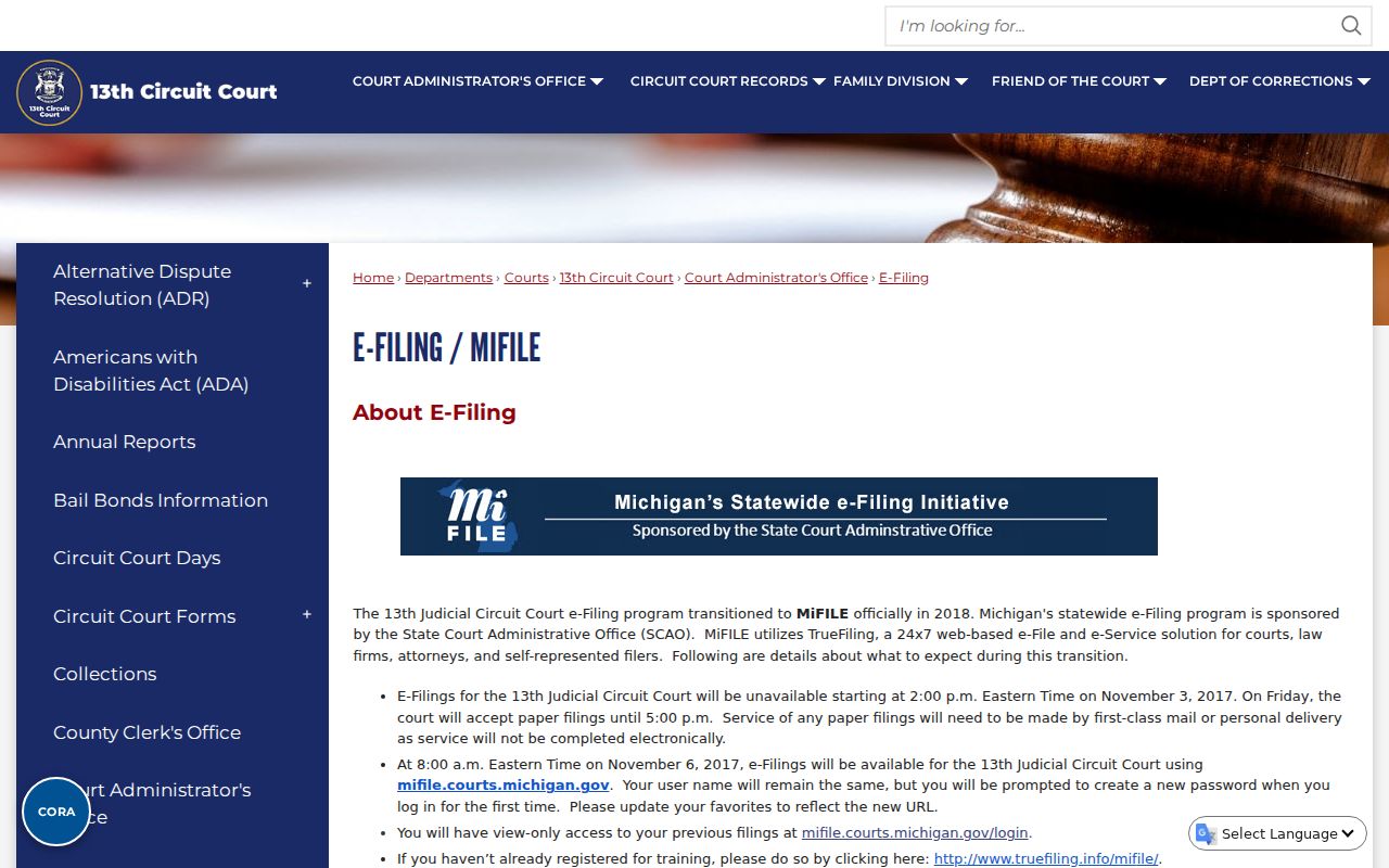 Grand Traverse civil docket filing information for MiFILE TrueFiling