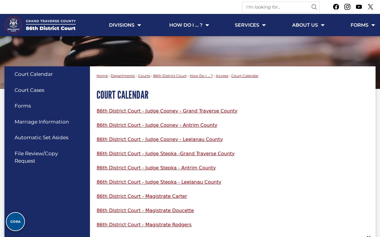 Grand Traverse court dates page for the 86th District Court calendar