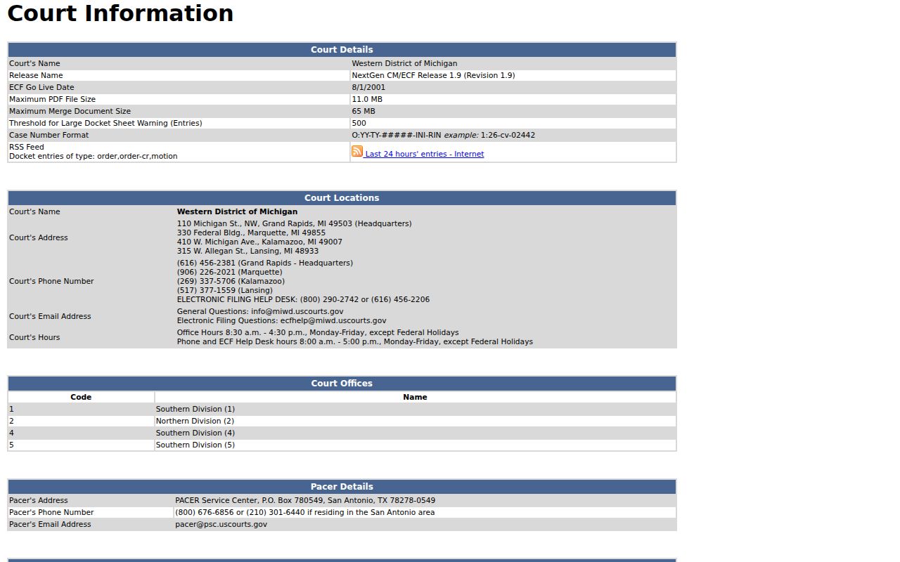 Grand Traverse court record search source for Western District CM ECF court information