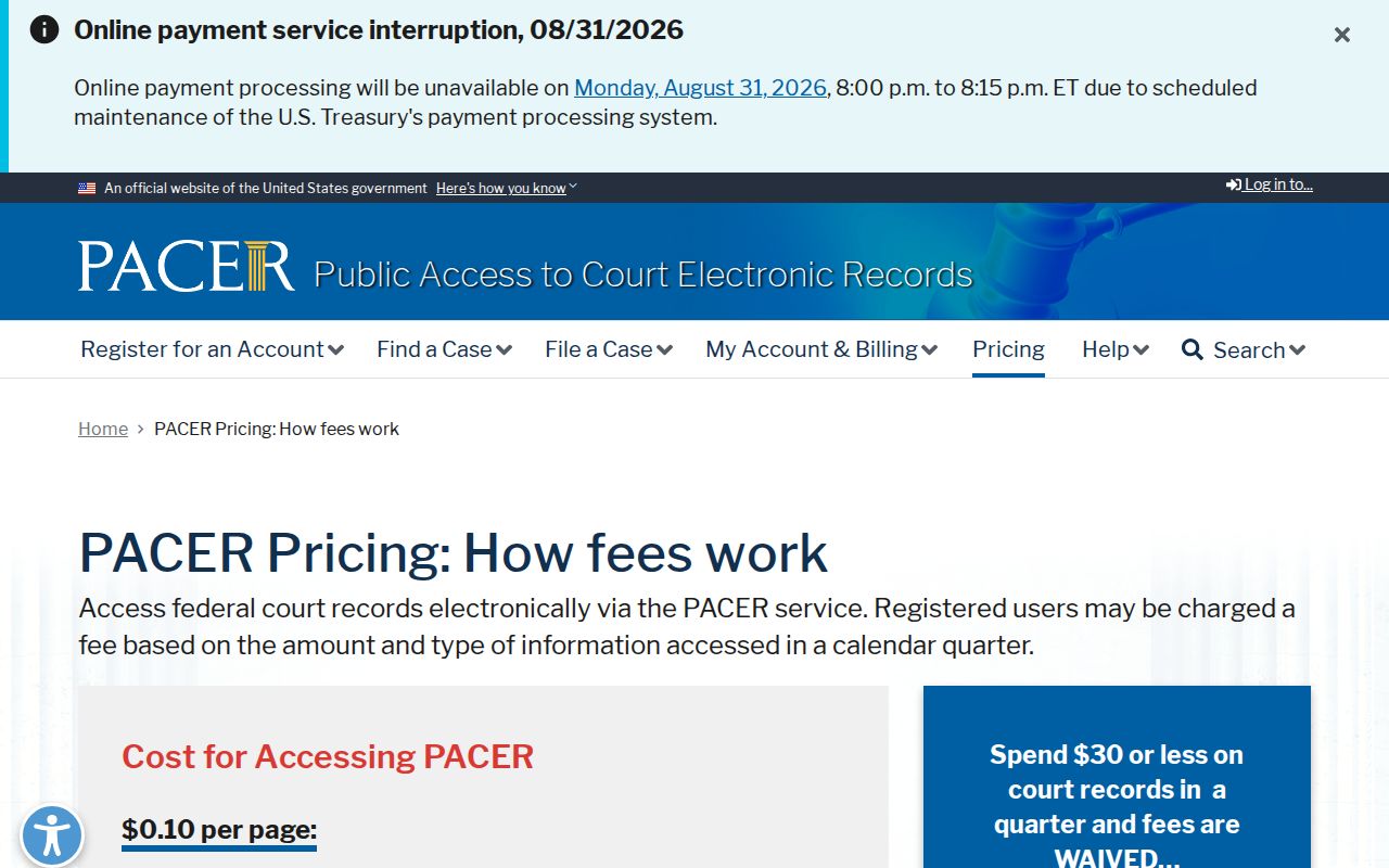 Grand Traverse court record search source showing PACER federal docket pricing