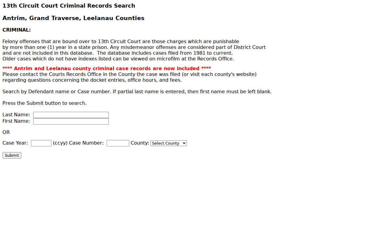 Grand Traverse criminal docket search fields for the 13th Circuit Court