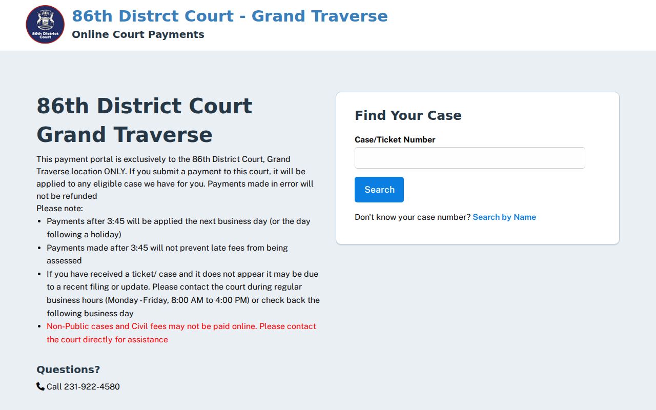 Grand Traverse traffic tickets source showing the 86th District WebTecs case search
