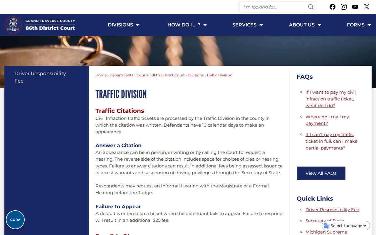 Grand Traverse traffic tickets source showing 86th District Traffic Division instructions