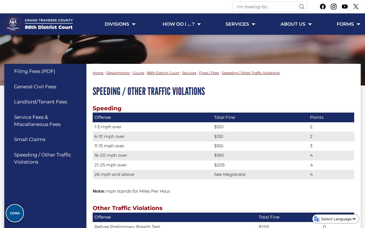 Grand Traverse traffic tickets source showing the 86th District traffic fee schedule