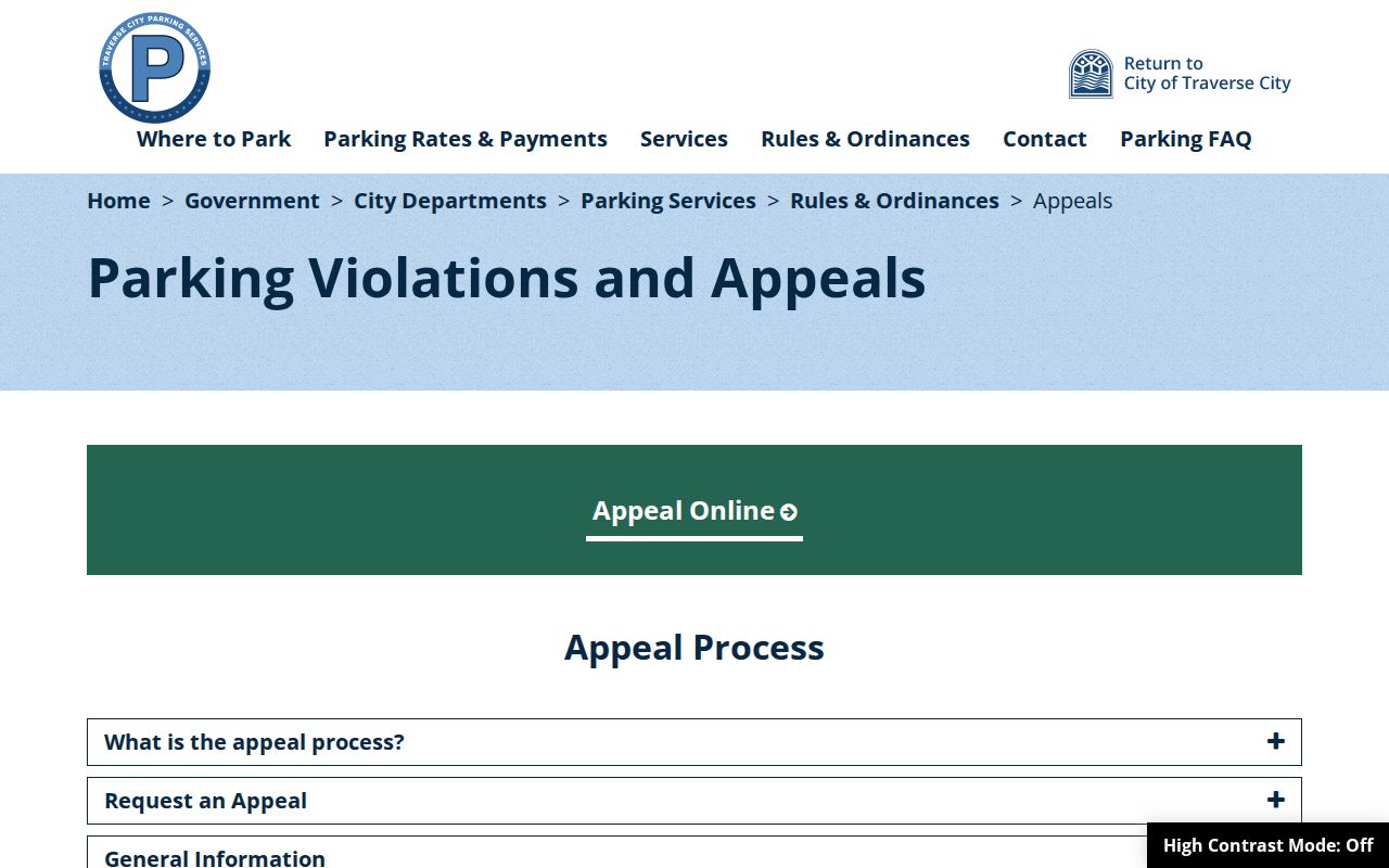 Traverse City parking appeal court-docket timeline with Level 1 Level 2 and Level 3 routes